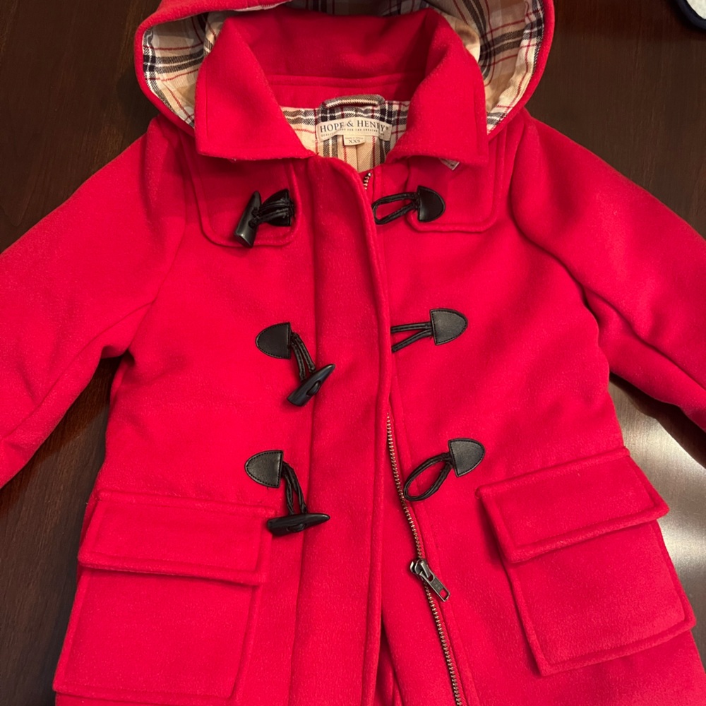 Unisex Red Toggle Coat with Hood